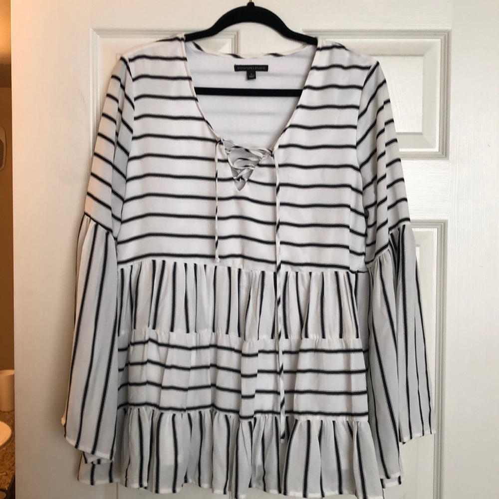 Black white long sleeve blouse, size large, signature studio
